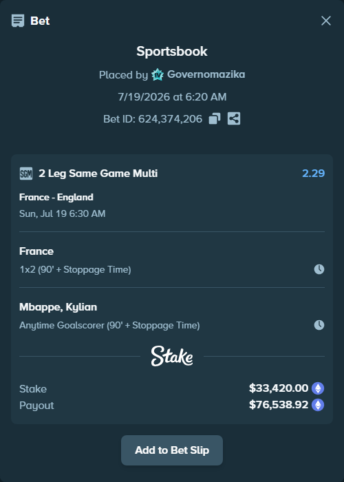 Bet slip: France - England, $34,244.84 stake at 1.75 odds, placed by Governomazika