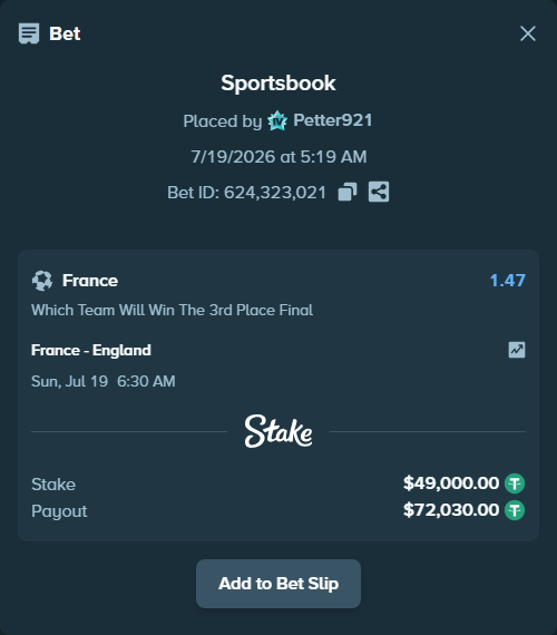 Bet slip: France - England, $49,049.00 stake at 1.47 odds, placed by Petter921