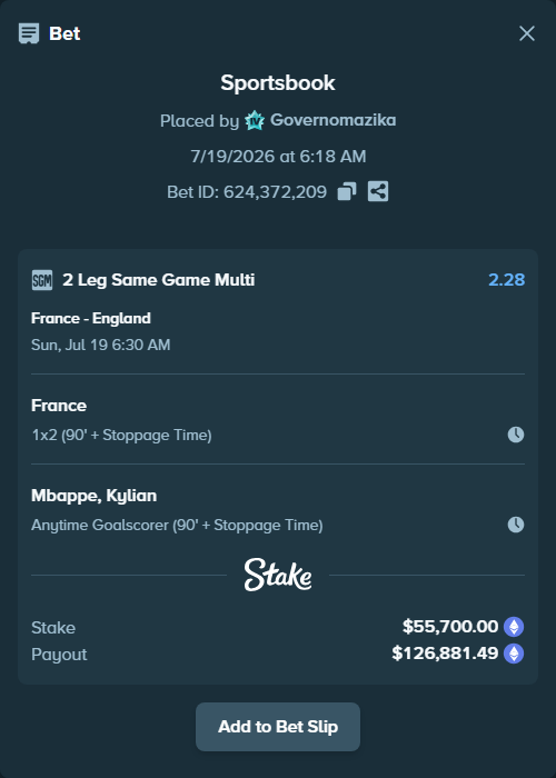 Bet slip: France - England, $57,074.74 stake at 1.75 odds, placed by Governomazika