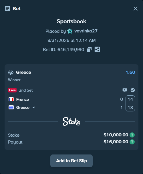 Bet slip: France - Greece, $10,000.00 stake at 1.60 odds, placed by vavrinka27