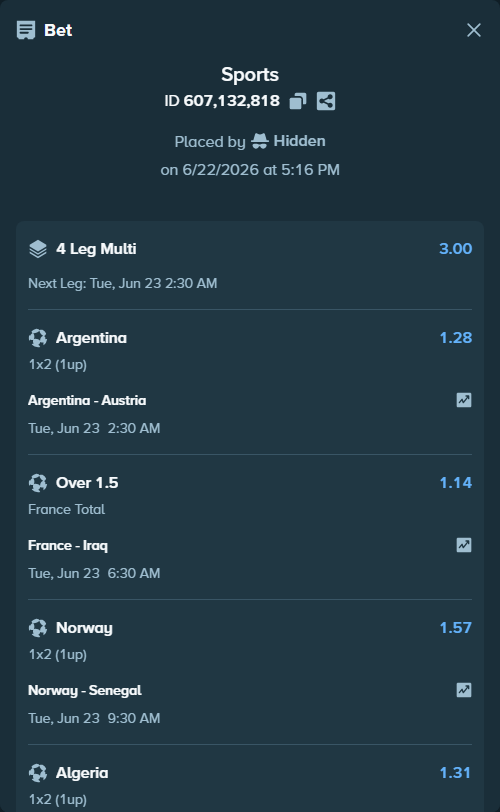 Bet slip: France - Iraq, $10,000.00 stake at 1.14 odds, placed by Hidden