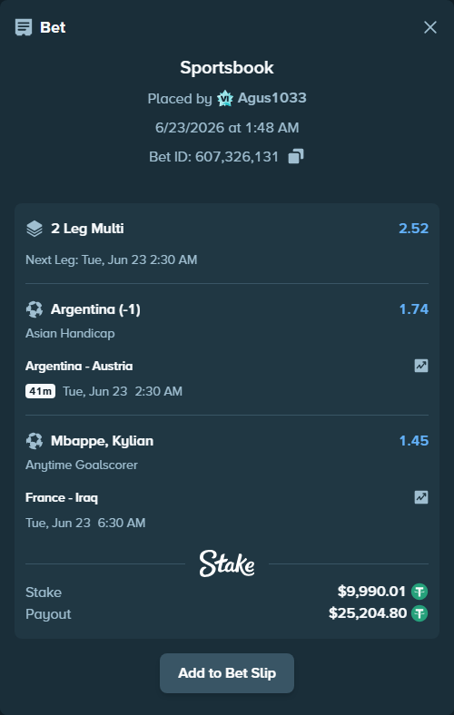 Bet slip: France - Iraq, $10,000.00 stake at 1.45 odds, placed by Agus1033