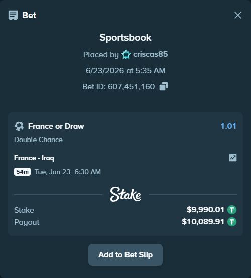 Bet slip: France - Iraq, $10,000.00 stake at 1.01 odds, placed by criscas85