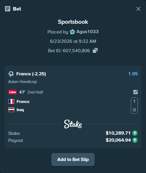 Bet slip: France - Iraq, $10,300.00 stake at 1.95 odds, placed by Agus1033