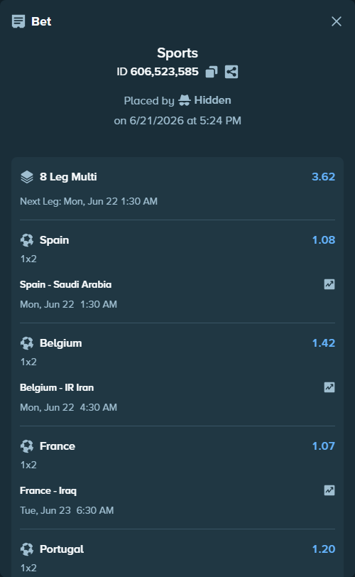 Bet slip: France - Iraq, $11,100.00 stake at 1.07 odds, placed by Hidden
