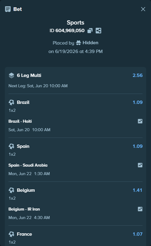 Bet slip: France - Iraq, $11,854.19 stake at 1.07 odds, placed by Hidden