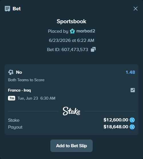 Bet slip: France - Iraq, $12,600.00 stake at 1.48 odds, placed by marbad2