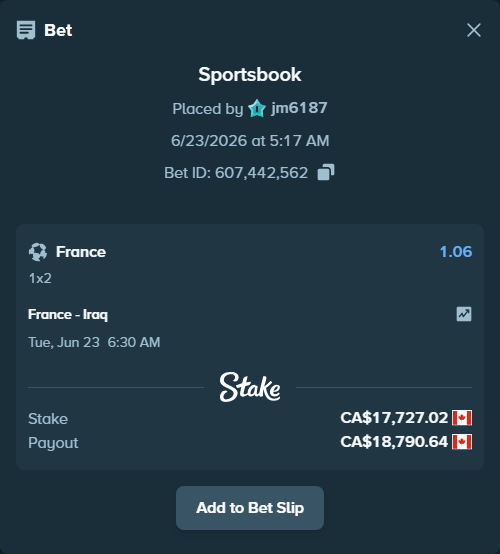 Bet slip: France - Iraq, $13,117.99 stake at 1.06 odds, placed by jm6187