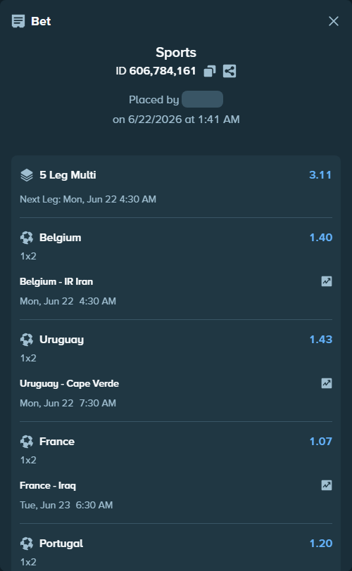 Bet slip: France - Iraq, $13,317.43 stake at 1.07 odds, placed by ORC4