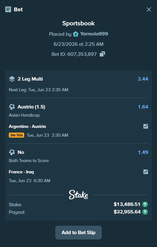 Bet slip: France - Iraq, $13,500.00 stake at 1.49 odds, placed by Yarmola999