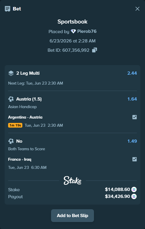 Bet slip: France - Iraq, $14,357.94 stake at 1.49 odds, placed by Pierob76