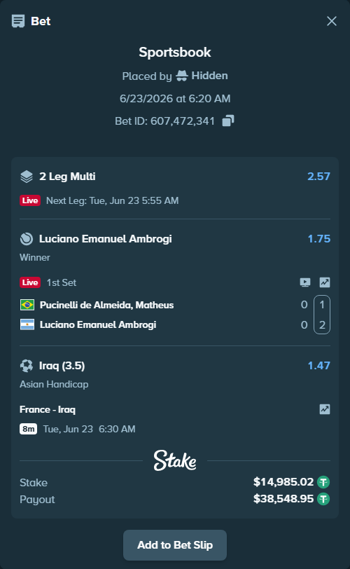 Bet slip: France - Iraq, $15,000.00 stake at 1.47 odds, placed by Hidden