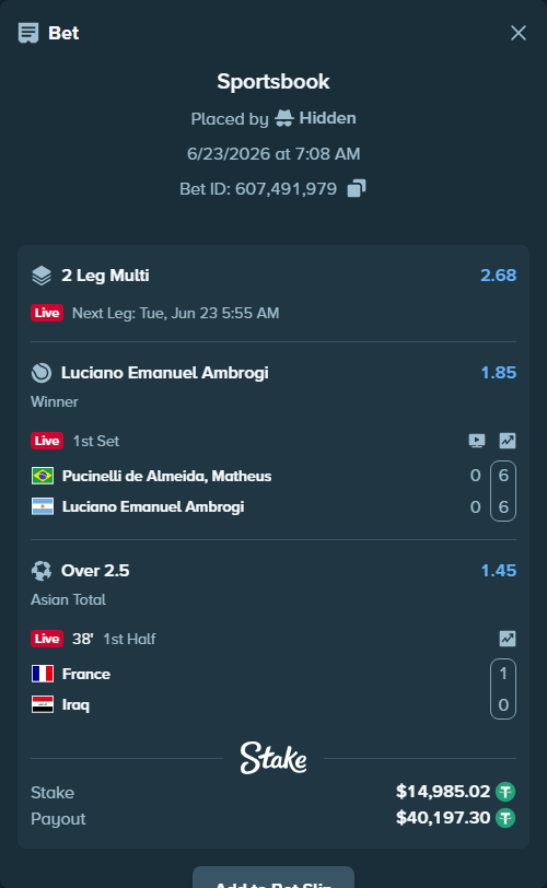 Bet slip: France - Iraq, $15,000.00 stake at 1.45 odds, placed by Hidden