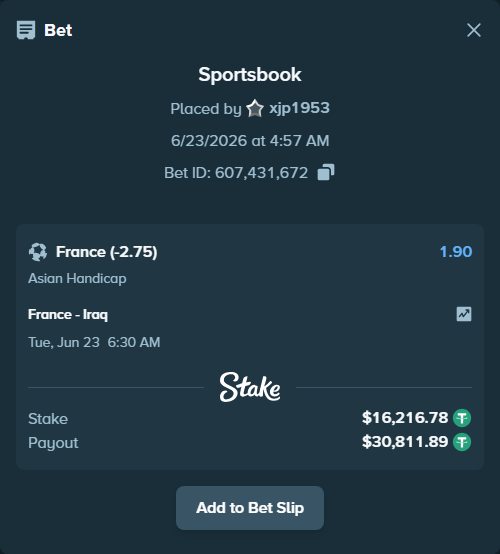 Bet slip: France - Iraq, $16,233.00 stake at 1.90 odds, placed by xjp1953
