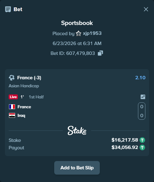 Bet slip: France - Iraq, $16,233.80 stake at 2.10 odds, placed by xjp1953