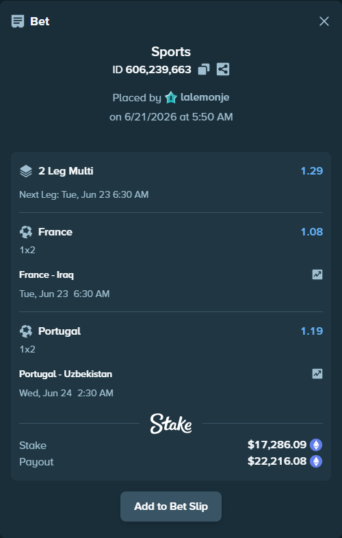 Bet slip: France - Iraq, $15,895.20 stake at 1.08 odds, placed by lalemonje