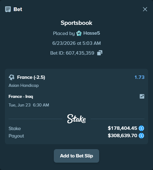 Bet slip: France - Iraq, $178,404.45 stake at 1.73 odds, placed by Hasse5