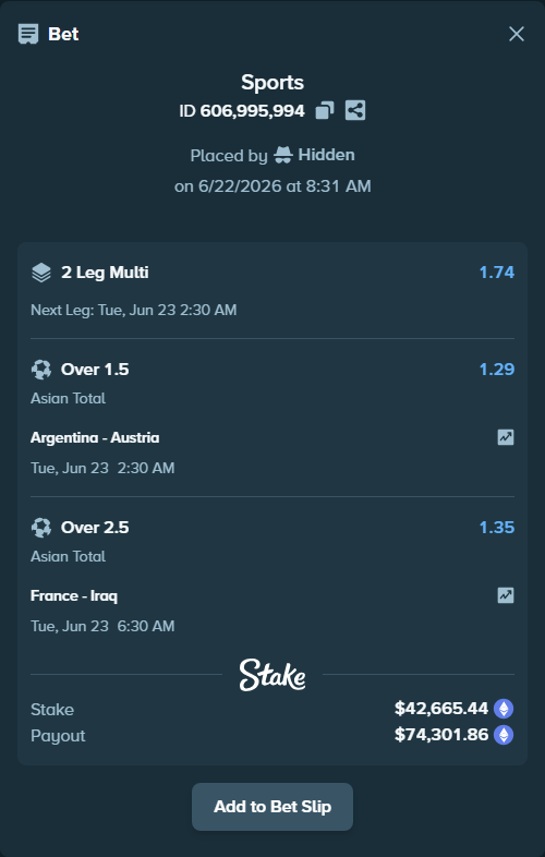 Bet slip: France - Iraq, $39,578.33 stake at 1.35 odds, placed by Hidden