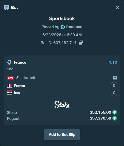 Bet slip: France - Iraq, $52,207.15 stake at 1.10 odds, placed by frodeand