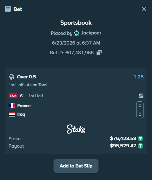 Bet slip: France - Iraq, $76,500.00 stake at 1.25 odds, placed by Jackpoor