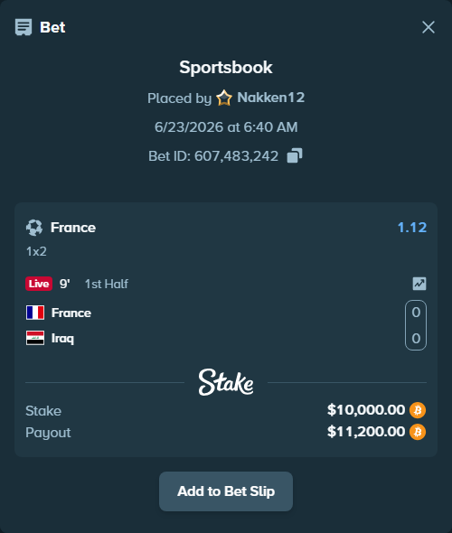 Bet slip: France - Iraq, $9,995.95 stake at 1.12 odds, placed by Nakken12