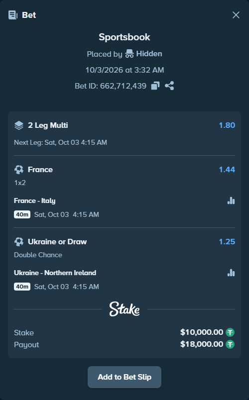 Bet slip: France - Italy, $10,000.00 stake at 1.44 odds, placed by ArdianHertica