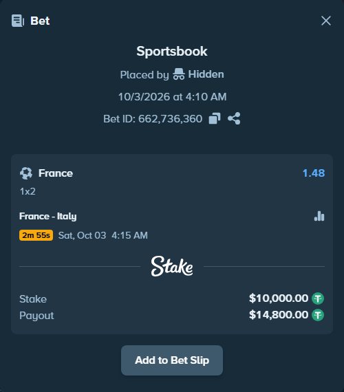 Bet slip: France - Italy, $10,000.00 stake at 1.48 odds, placed by nandonzr