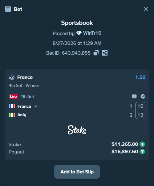 Bet slip: France - Italy, $11,265.00 stake at 1.50 odds, placed by WinTr10