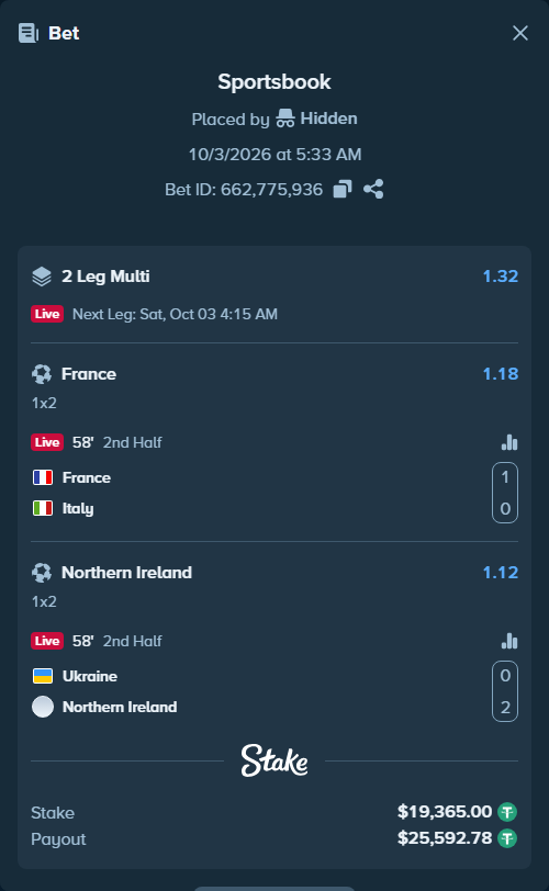 Bet slip: France - Italy, $19,365.00 stake at 1.18 odds, placed by AffiliateSquad
