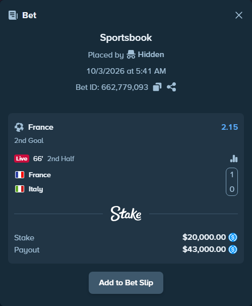 Bet slip: France - Italy, $20,000.00 stake at 2.15 odds, placed by ArdianHertica