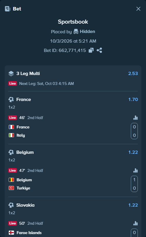 Bet slip: France - Italy, $22,426.00 stake at 1.70 odds, placed by Hidden