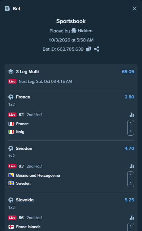 Bet slip: France - Italy, $25,000.00 stake at 2.80 odds, placed by Hidden