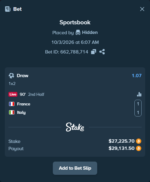 Bet slip: France - Italy, $27,285.75 stake at 1.07 odds, placed by hungrybox