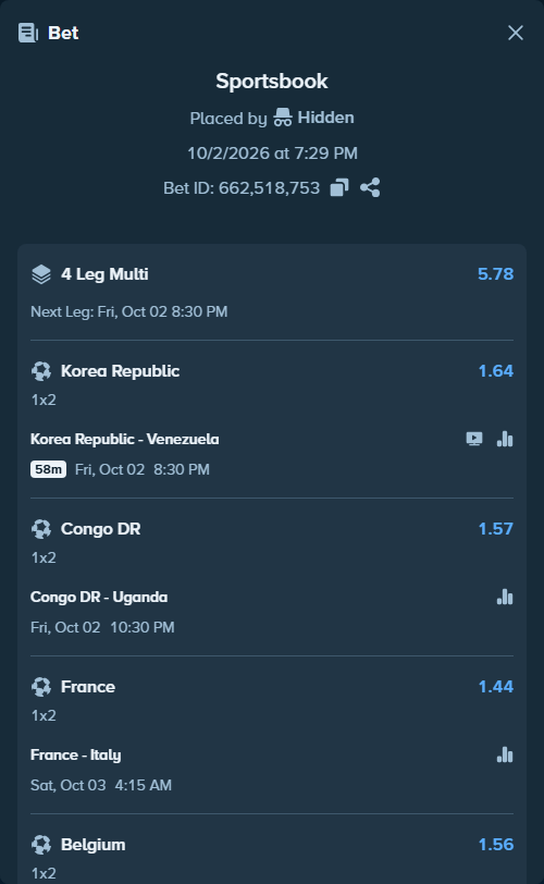 Bet slip: France - Italy, $29,271.76 stake at 1.44 odds, placed by Hidden
