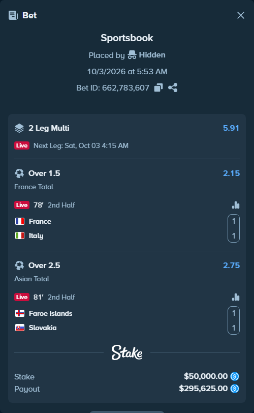 Bet slip: France - Italy, $50,000.00 stake at 2.15 odds, placed by Hidden