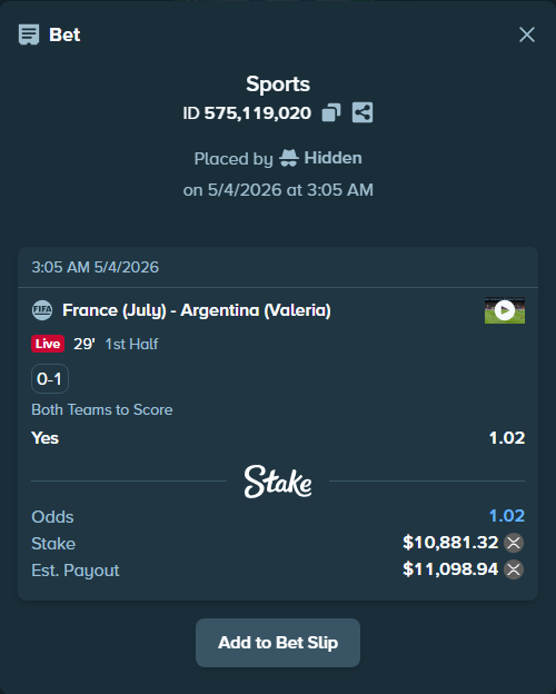 Bet slip: France (July) - Argentina (Valeria), $8,969.69 stake at 1.02 odds, placed by Hidden
