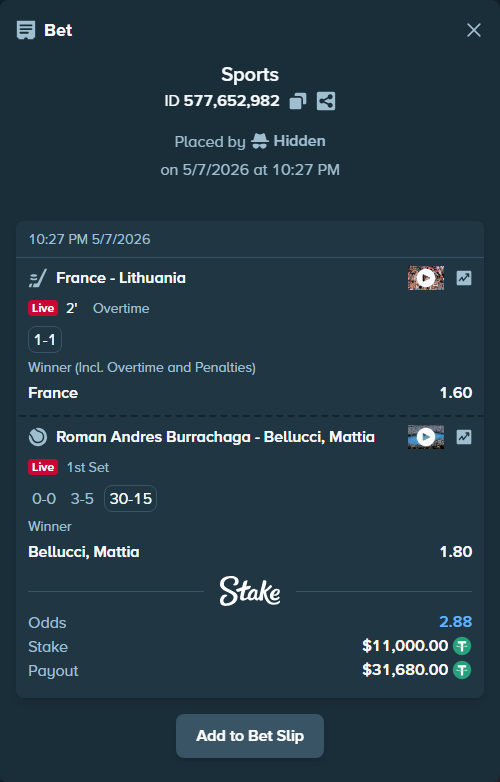 Bet slip: France - Lithuania, $11,000.00 stake at 1.60 odds, placed by Hidden