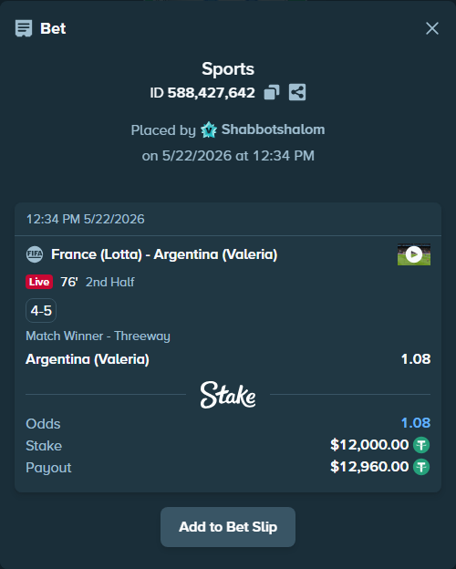 Bet slip: France (Lotta) - Argentina (Valeria), $12,012.00 stake at 1.08 odds, placed by Shabbotshalom