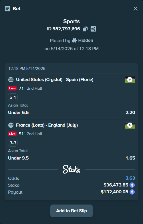 Bet slip: France (Lotta) - England (July), $27,982.33 stake at 1.65 odds, placed by Hidden