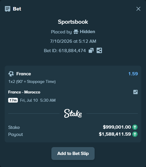 Bet slip: France - Morocco, $1,000,000.00 stake at 1.59 odds, placed by Hidden