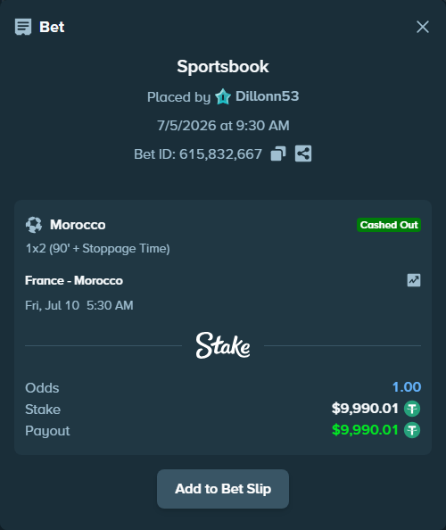 Bet slip: France - Morocco, $10,000.00 stake at 5.80 odds, placed by Dillonn53