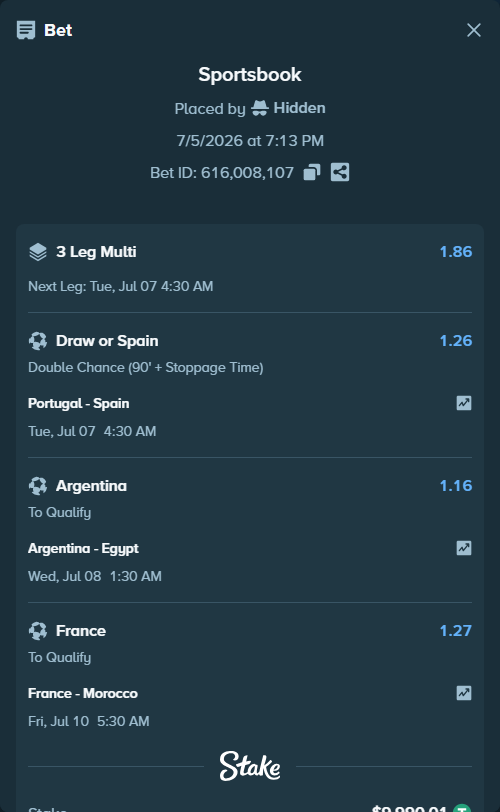 Bet slip: France - Morocco, $10,000.00 stake at 1.27 odds, placed by Hidden