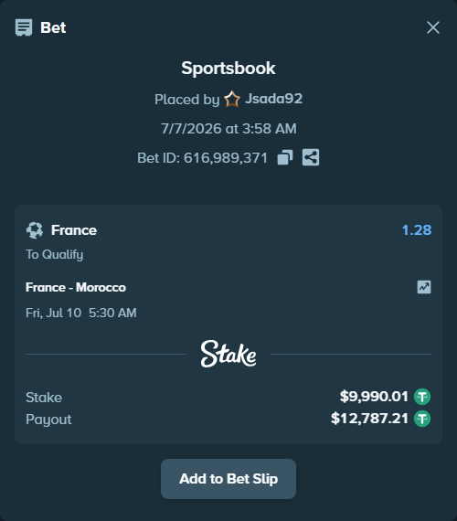 Bet slip: France - Morocco, $10,000.00 stake at 1.28 odds, placed by Jsada92
