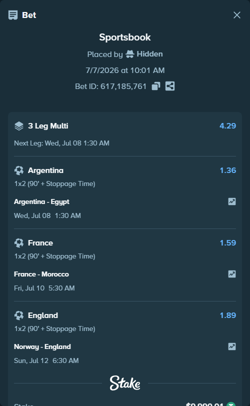 Bet slip: France - Morocco, $10,000.00 stake at 1.59 odds, placed by Hidden