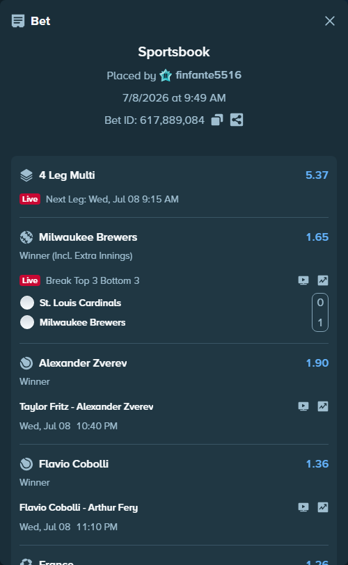 Bet slip: France - Morocco, $10,000.00 stake at 1.26 odds, placed by finfante5516