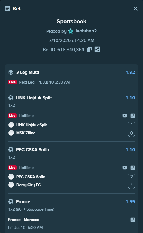 Bet slip: France - Morocco, $10,019.00 stake at 1.59 odds, placed by Jephthah2