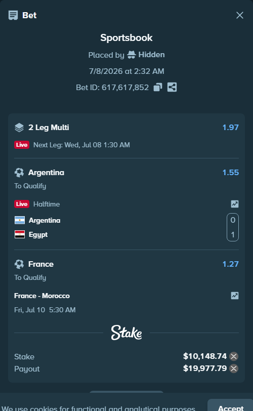 Bet slip: France - Morocco, $9,302.87 stake at 1.27 odds, placed by Rosspicks