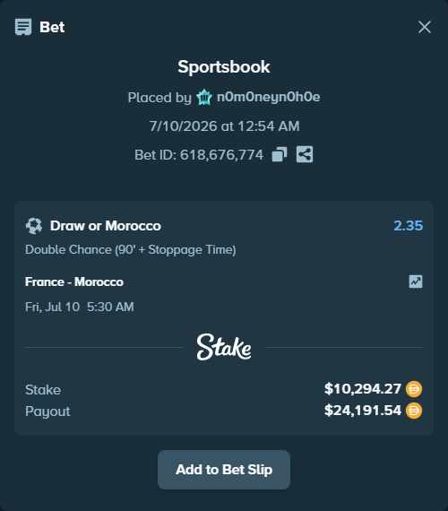 Bet slip: France - Morocco, $10,294.27 stake at 2.35 odds, placed by n0m0neyn0h0e