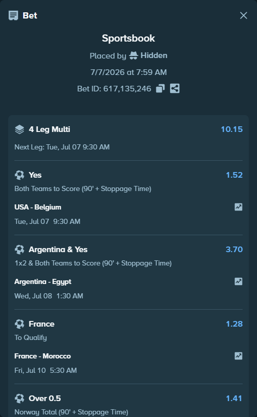 Bet slip: France - Morocco, $103,575.59 stake at 1.28 odds, placed by Hidden