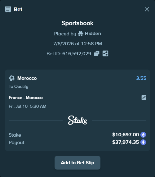 Bet slip: France - Morocco, $10,610.37 stake at 3.55 odds, placed by VelvetKennie9